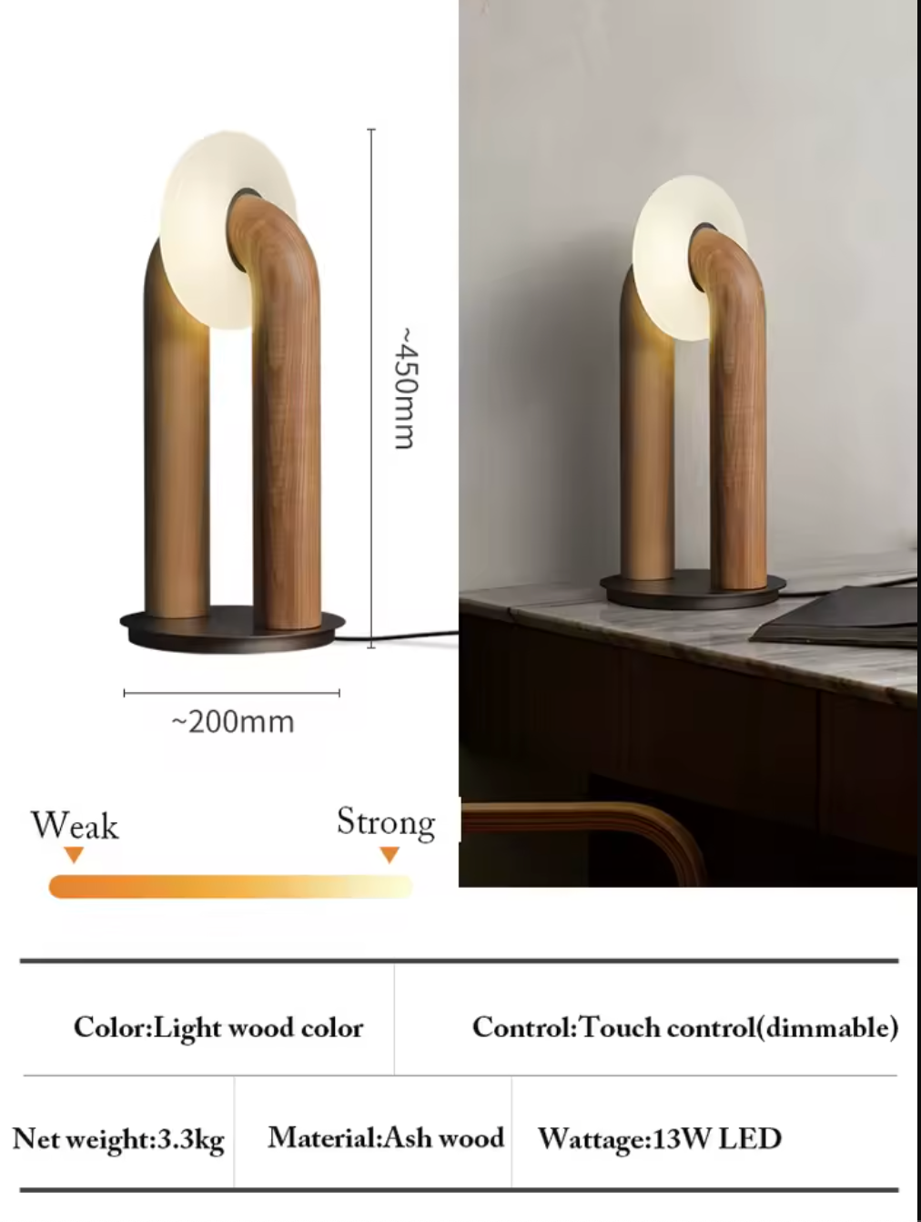 Vintage Solid Wood LED Table Lamp Dimmable Touch Control