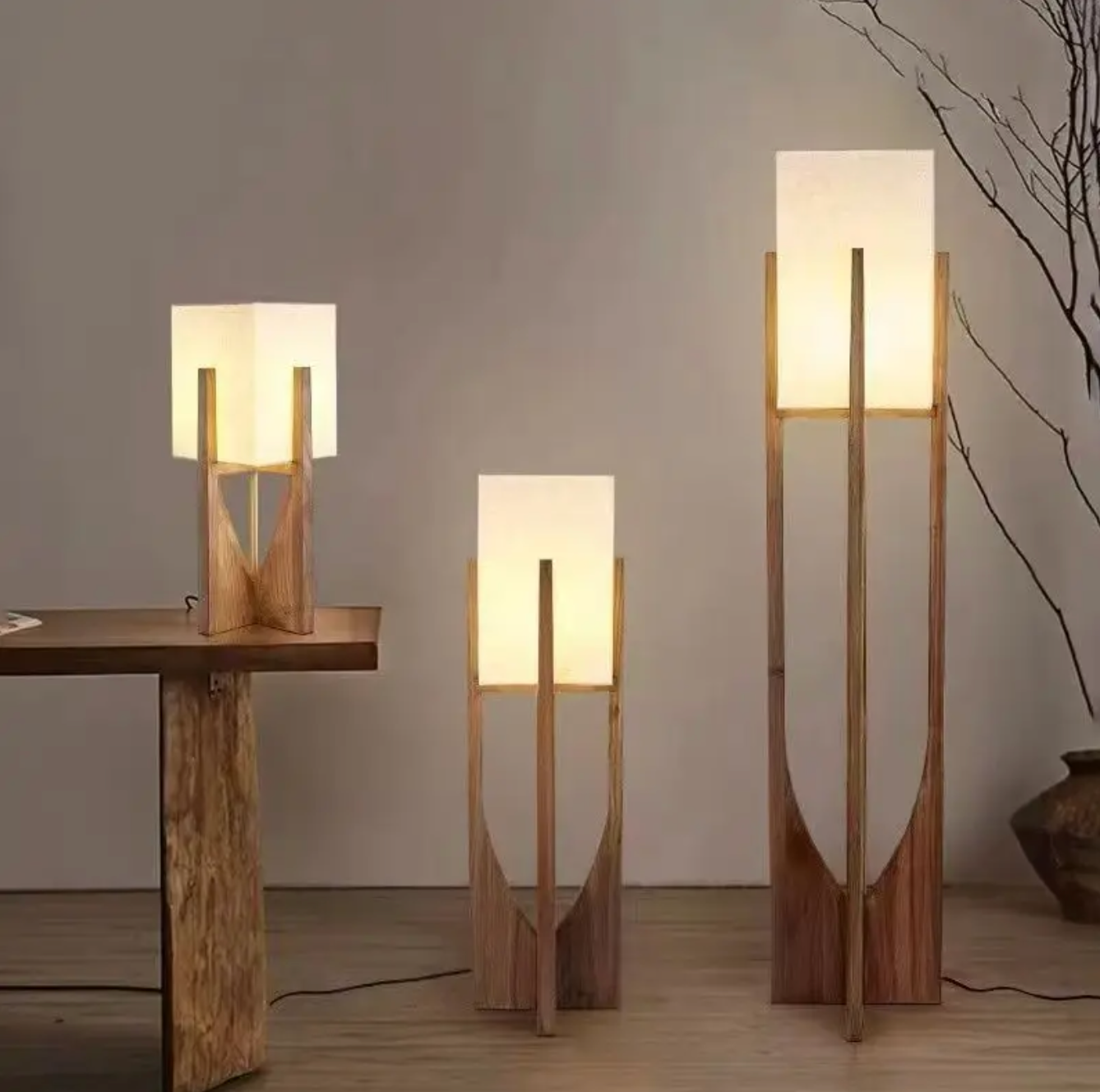 Nordic Walnut Wood Japanese Floor Lamp with Cotton Cloth Lampshade