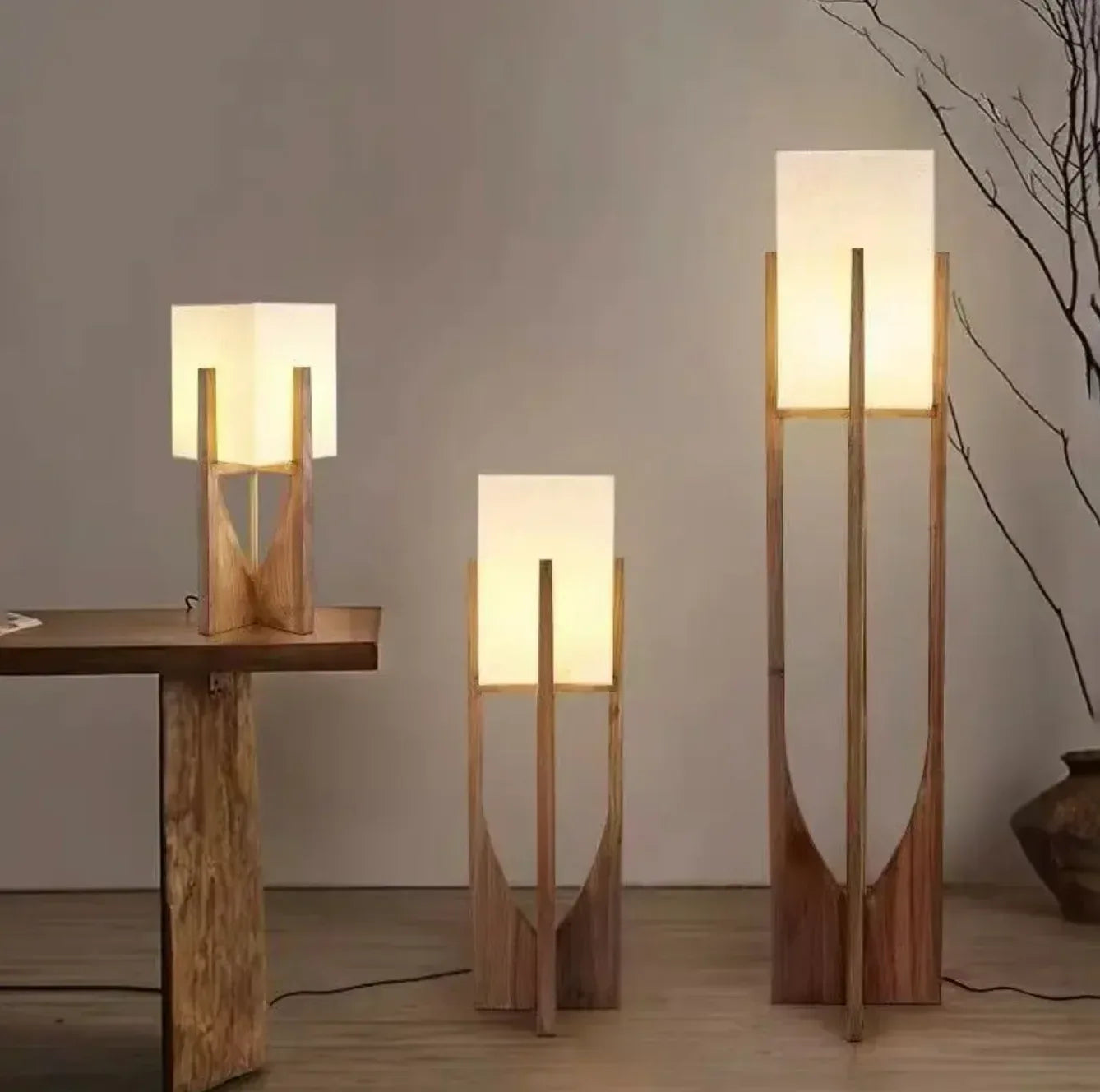Nordic Walnut Wood Japanese Floor Lamp with Cotton Cloth Lampshade