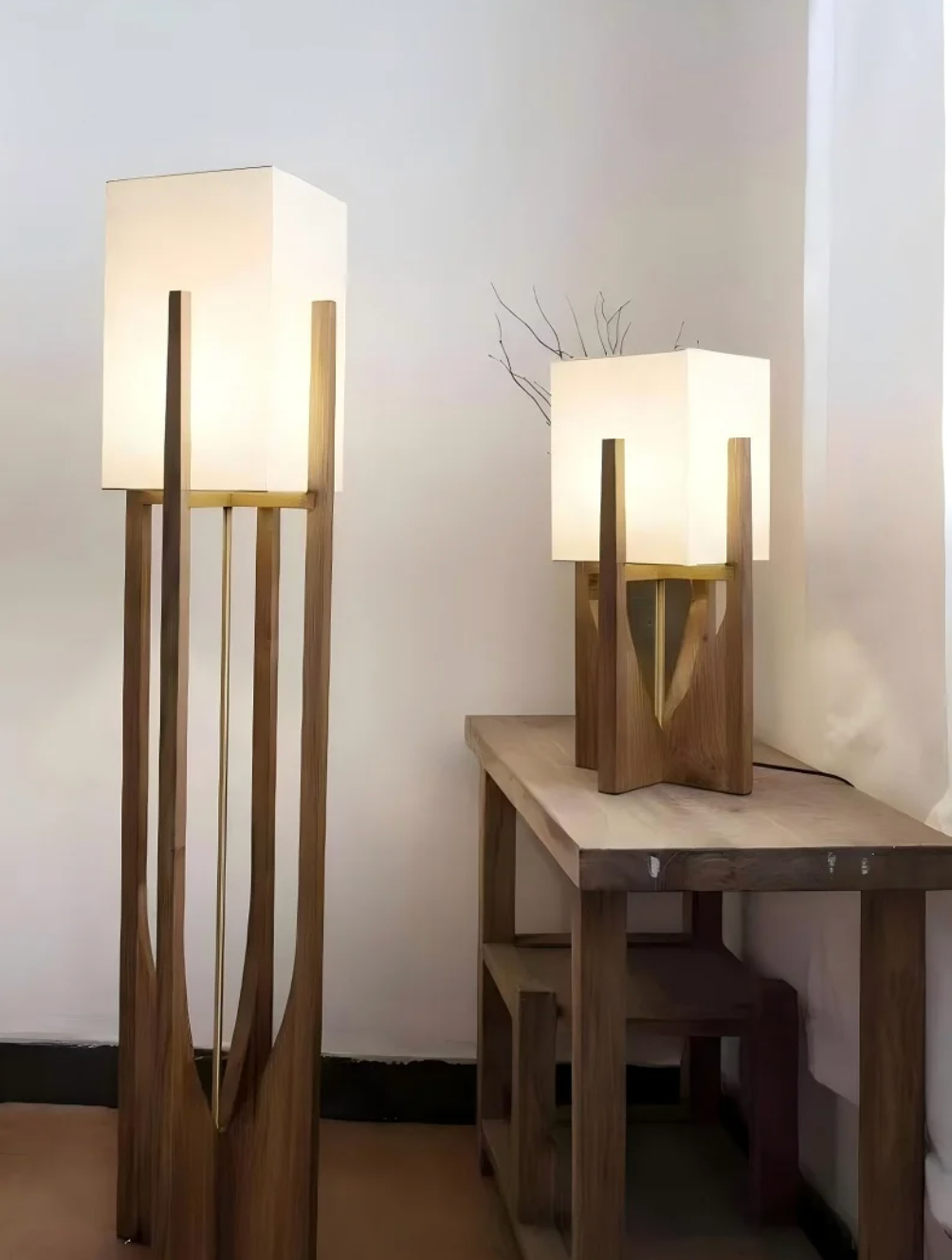 Nordic Walnut Wood Japanese Floor Lamp with Cotton Cloth Lampshade