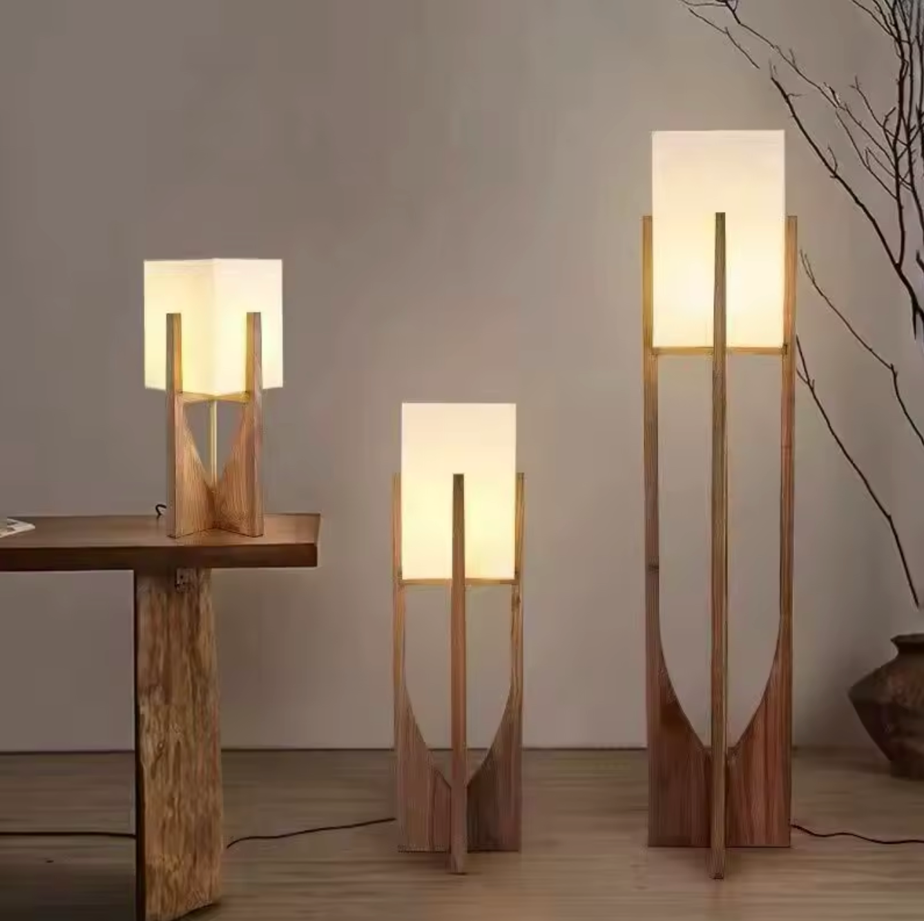Nordic Walnut Wood Japanese Floor Lamp with Cotton Cloth Lampshade