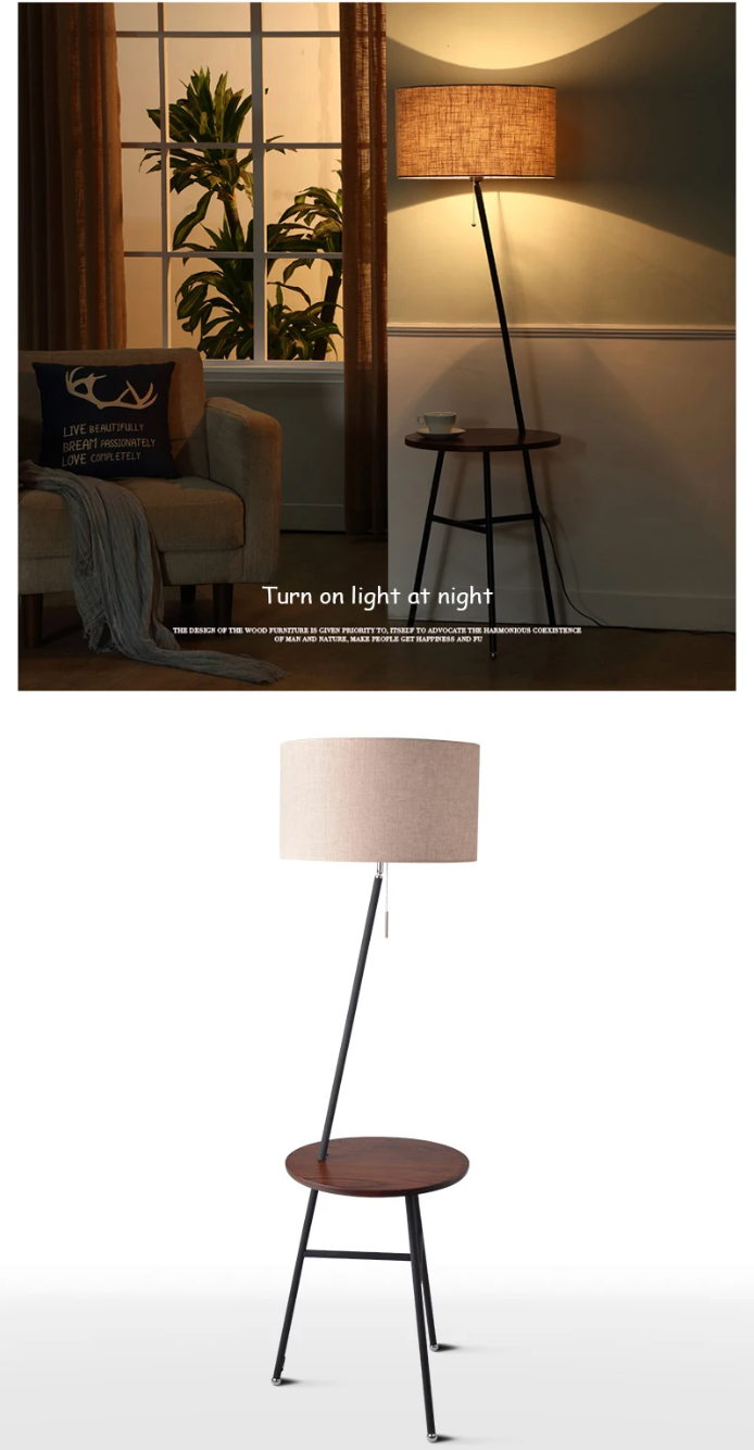 Light Luxury Floor Lamp with Table Modern Rustic Black Walnut Standing Lamp