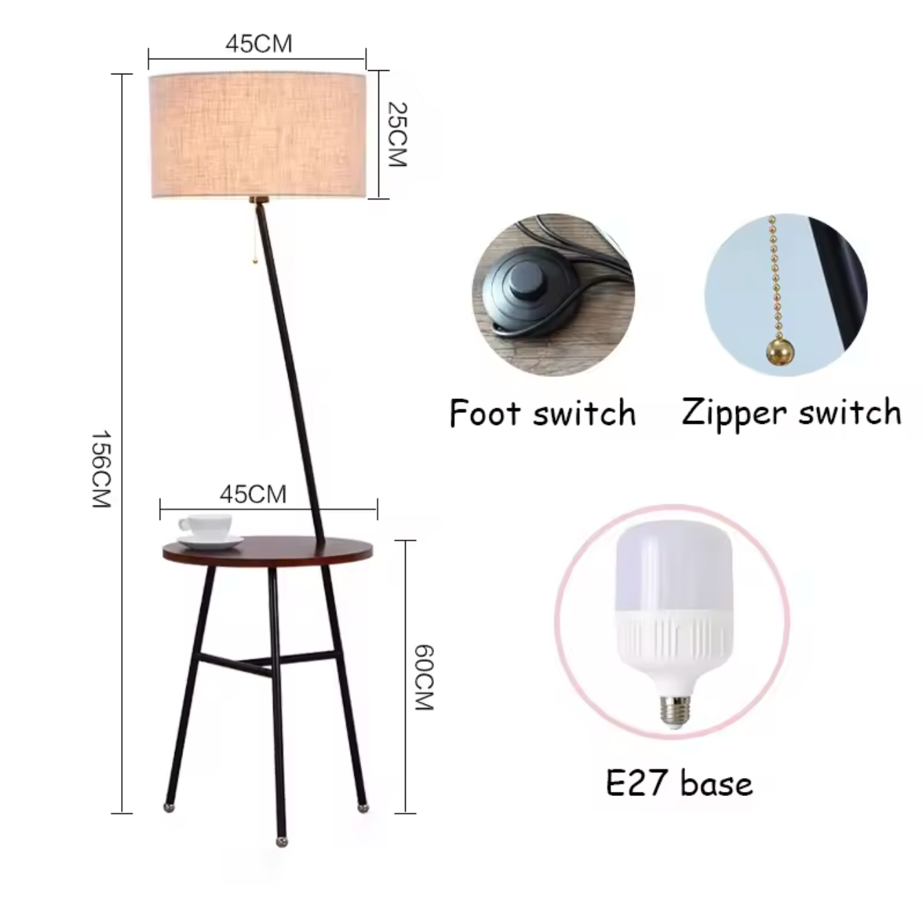 Light Luxury Floor Lamp with Table Modern Rustic Black Walnut Standing Lamp