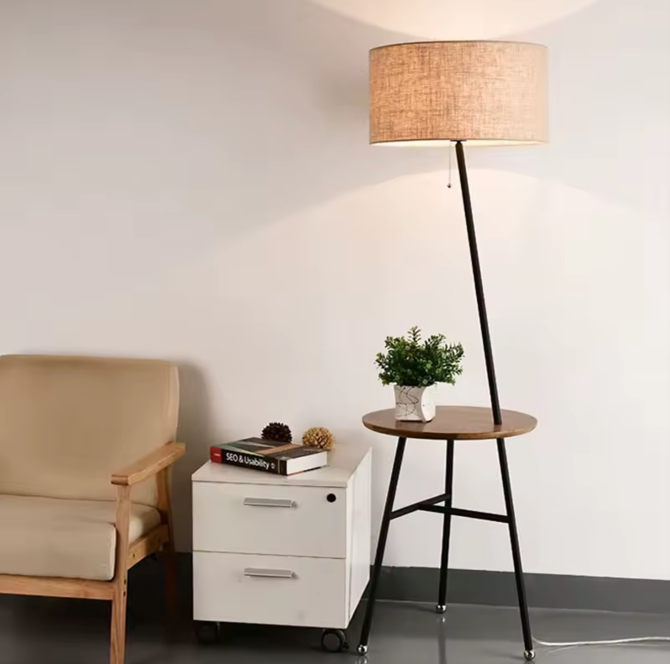 Light Luxury Floor Lamp with Table Modern Rustic Black Walnut Standing Lamp