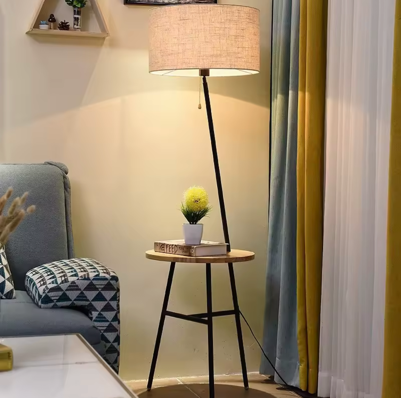Light Luxury Floor Lamp with Table Modern Rustic Black Walnut Standing Lamp