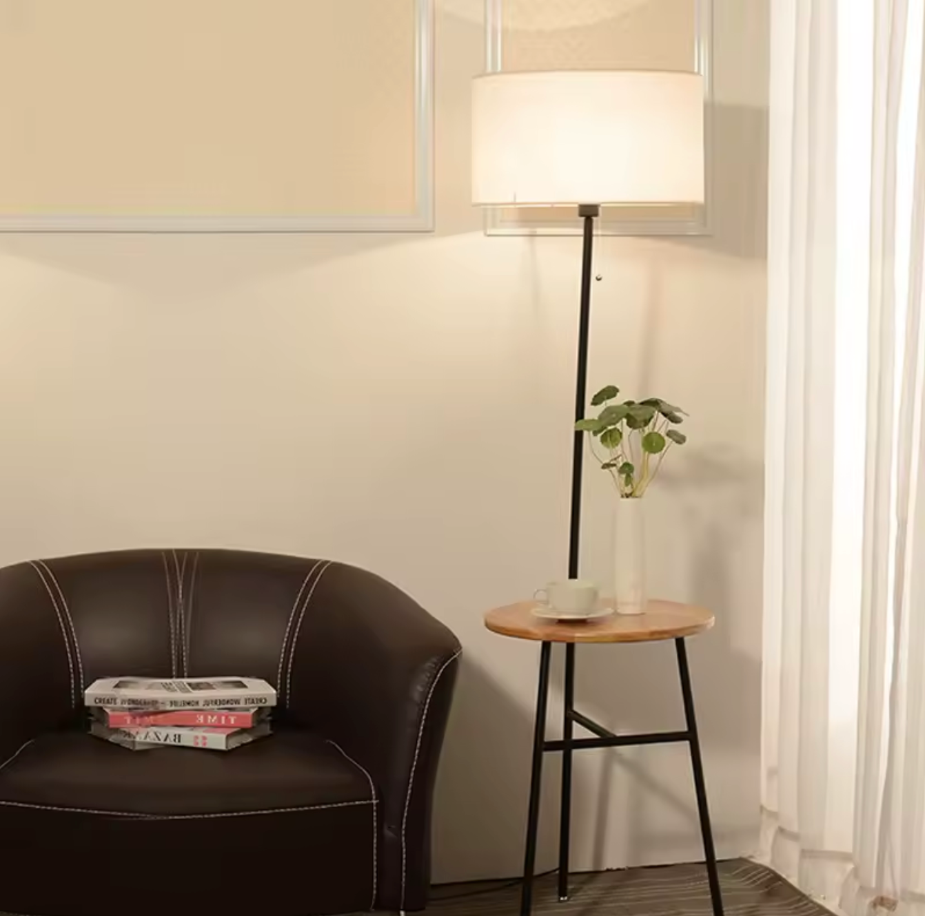 Light Luxury Floor Lamp with Table Modern Rustic Black Walnut Standing Lamp