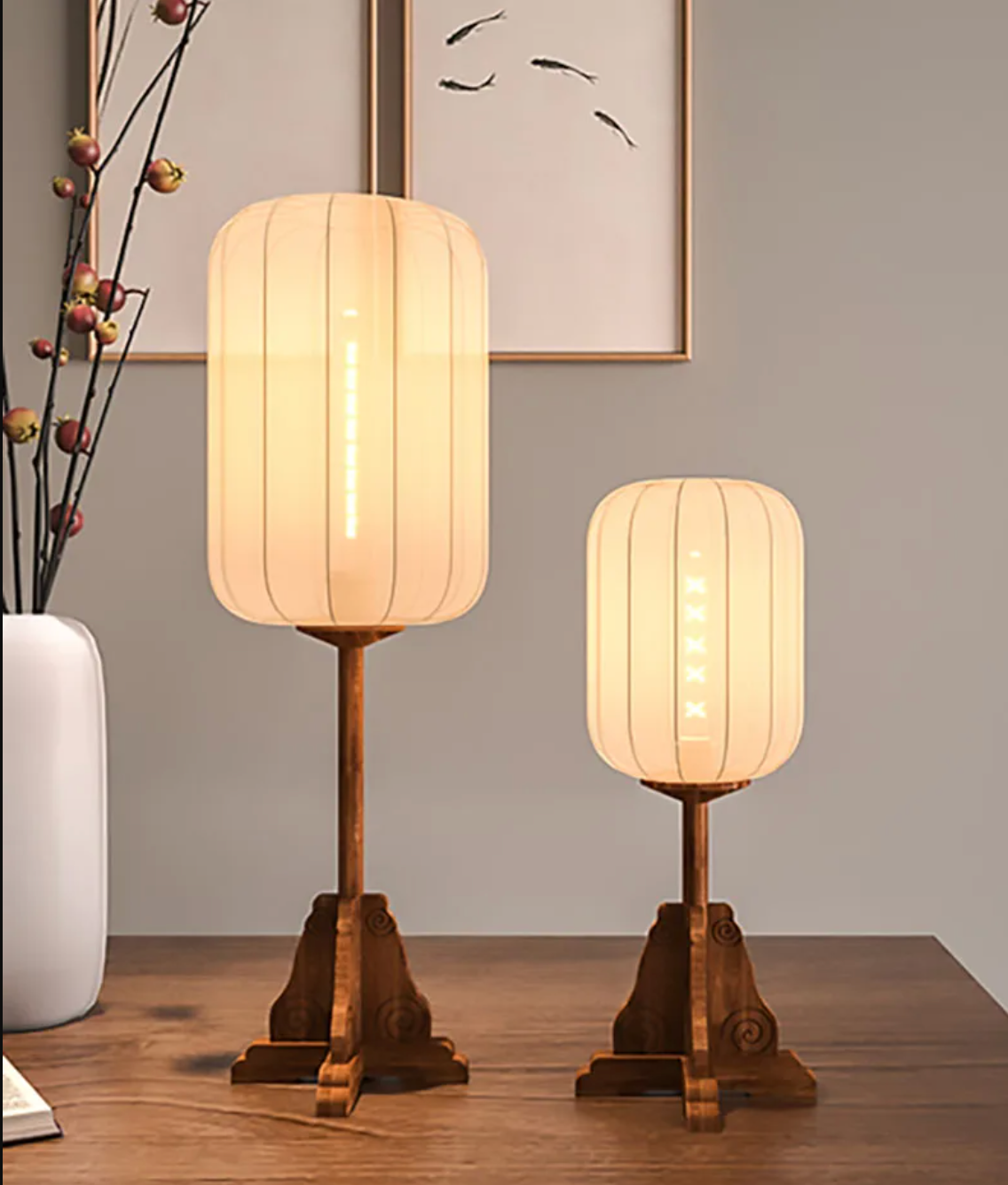 Vintage Wooden Floor Lamp with Sackcloth Shade
