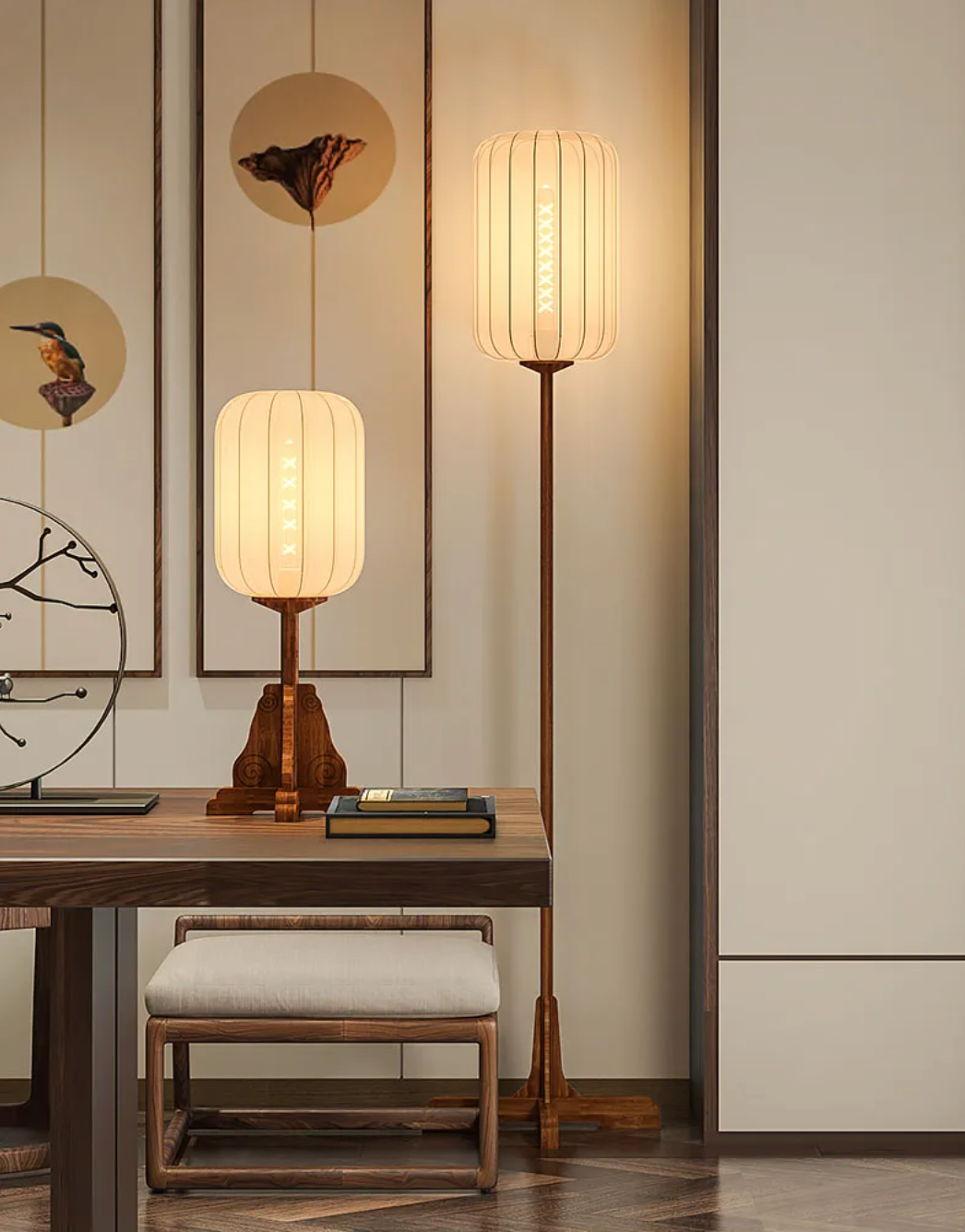 Vintage Wooden Floor Lamp with Sackcloth Shade