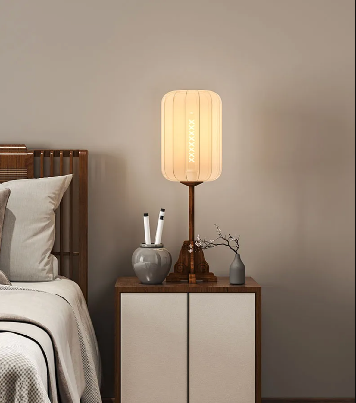 Vintage Wooden Floor Lamp with Sackcloth Shade