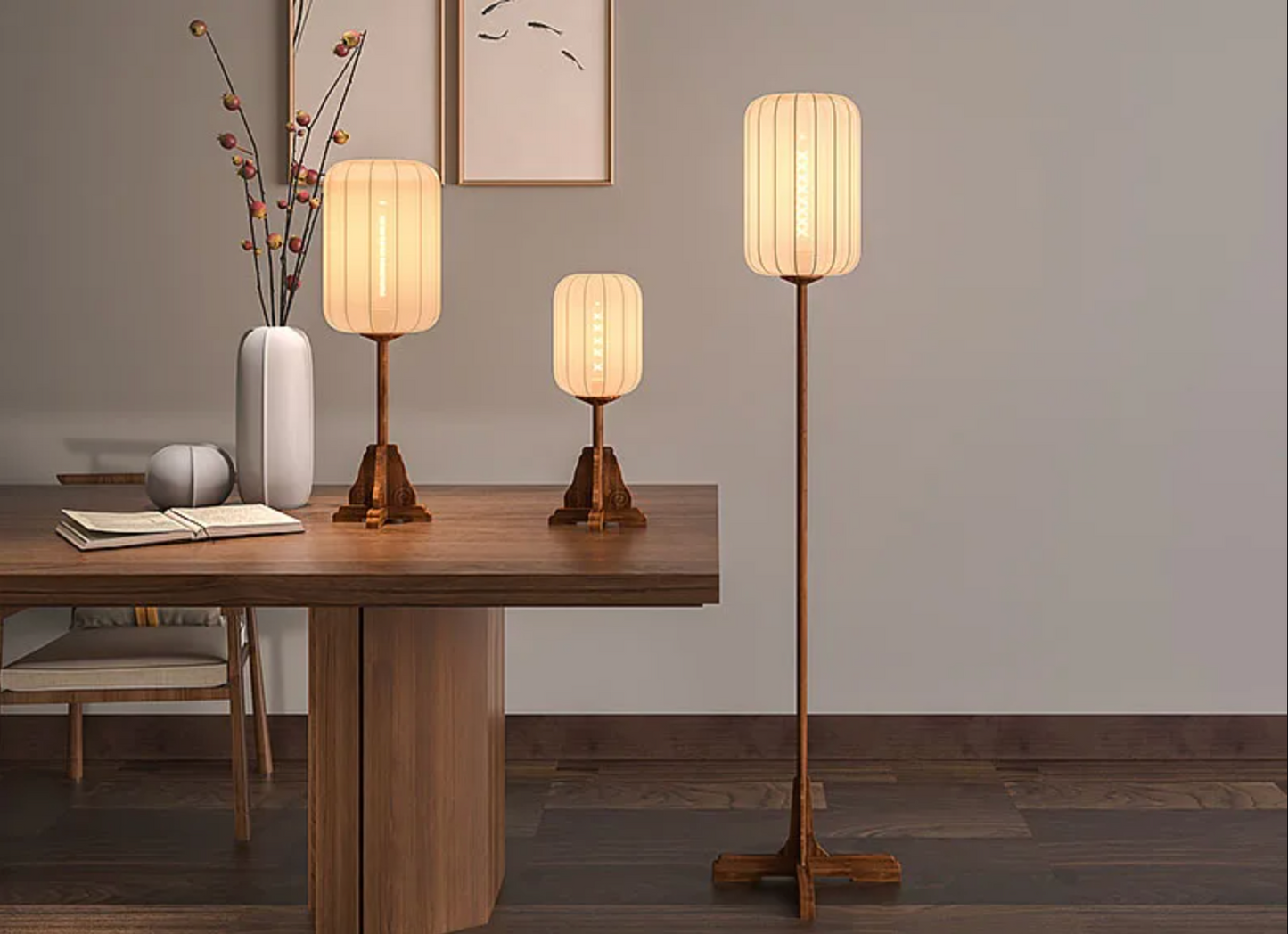 Vintage Wooden Floor Lamp with Sackcloth Shade