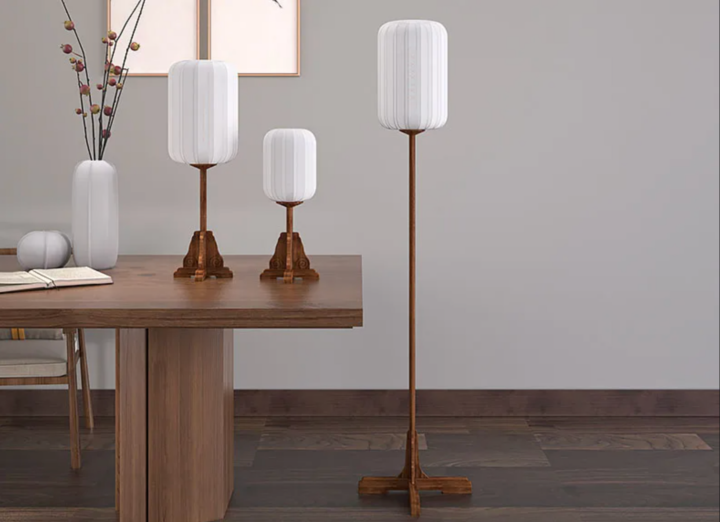 Vintage Wooden Floor Lamp with Sackcloth Shade