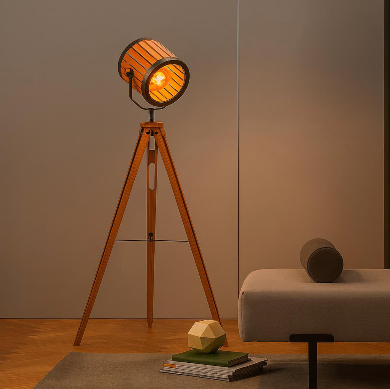 Vintage Bamboo Tripod Floor Lamp Handwoven Spotlight