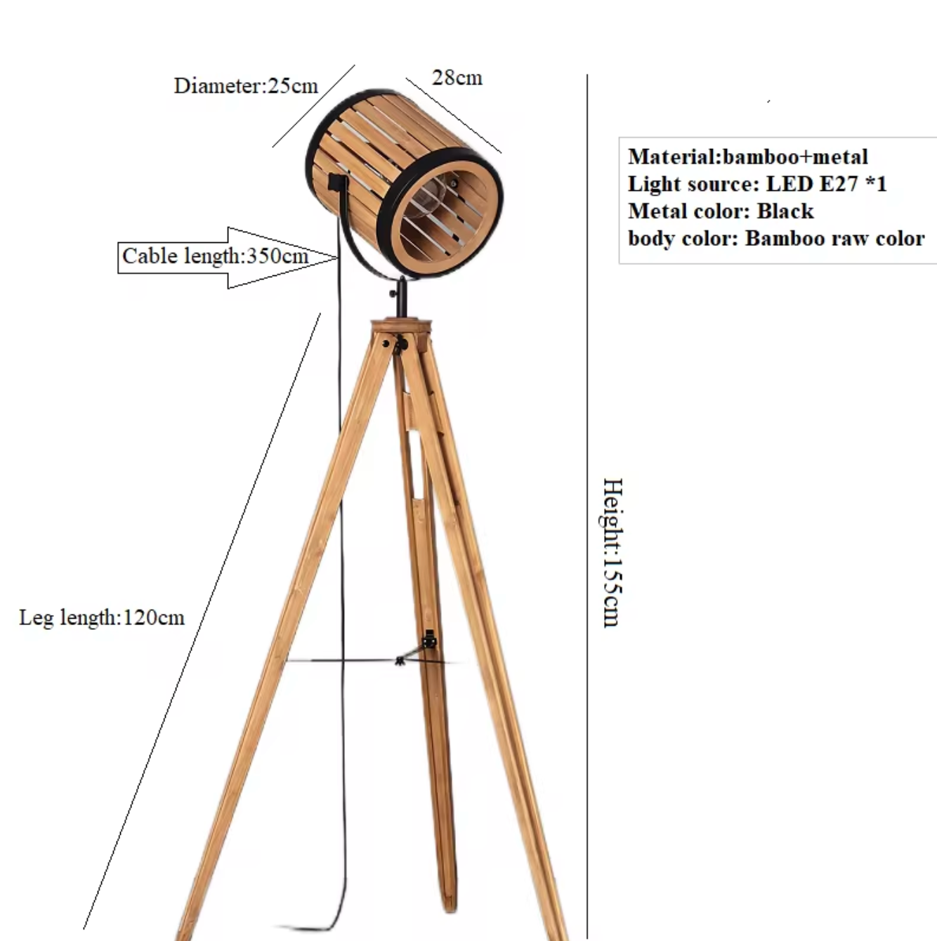 Vintage Bamboo Tripod Floor Lamp Handwoven Spotlight