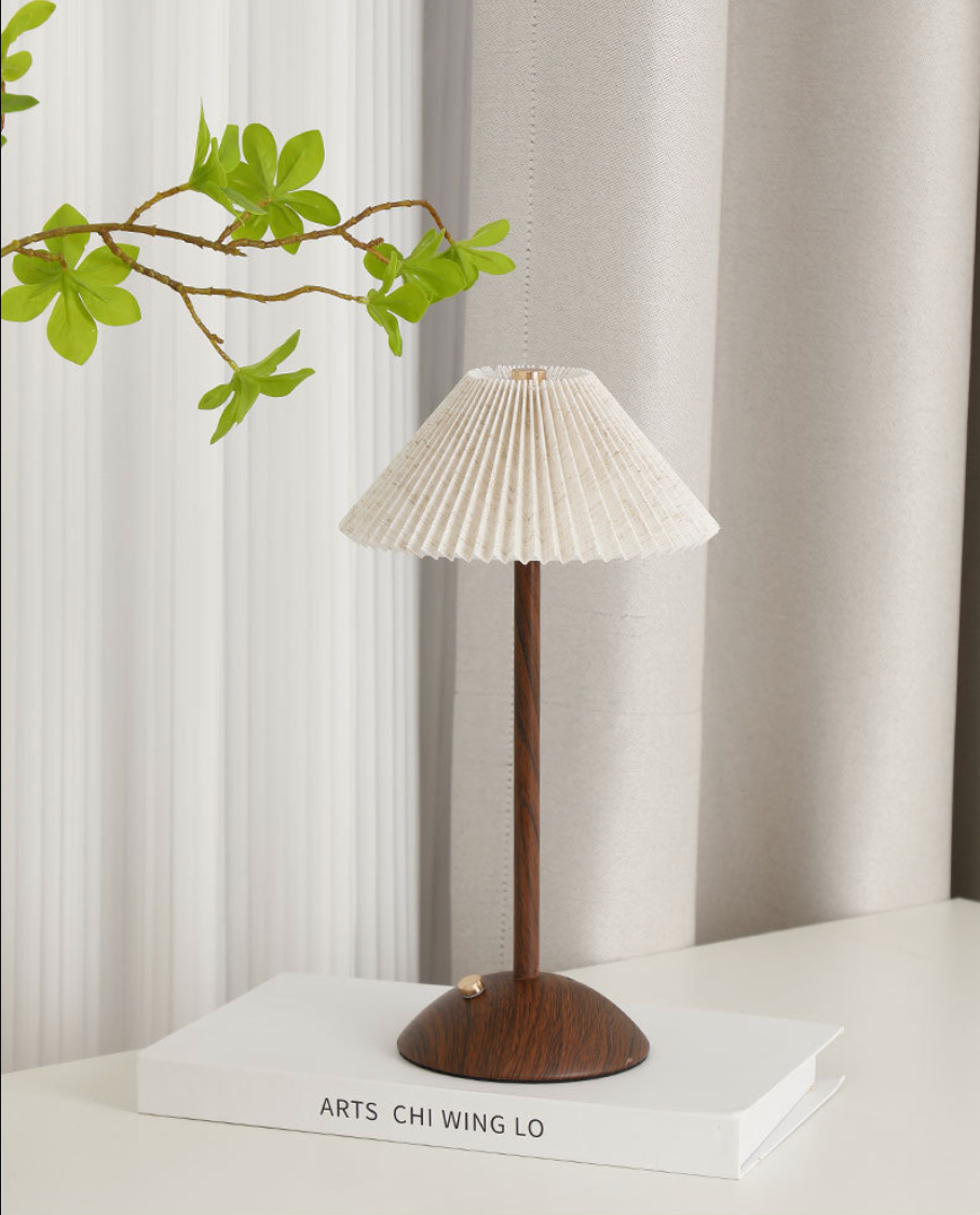 Nordic Pleated Table Lamp Rechargeable LED Wooden Base Bedside Light