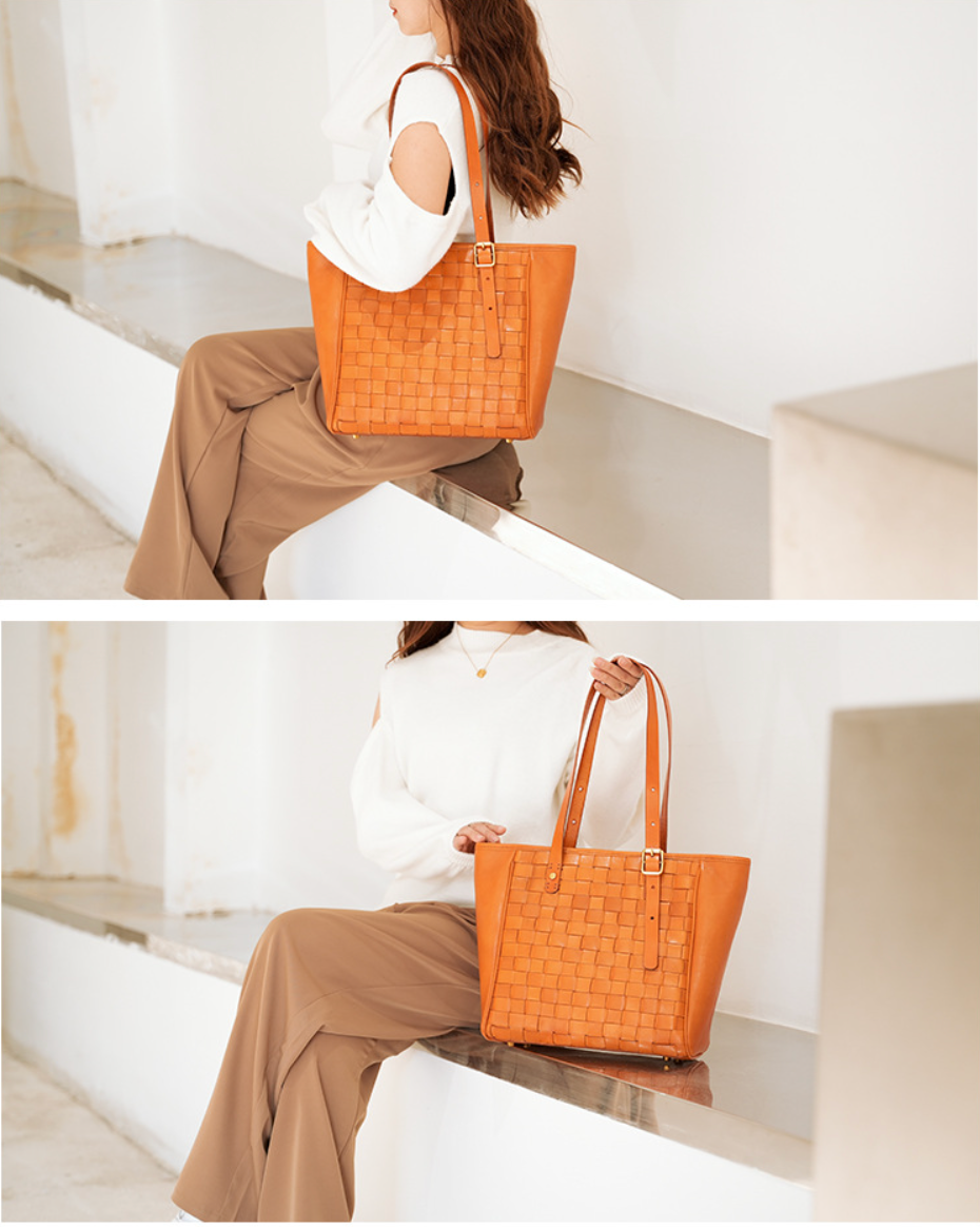 Woven Leather Tote Bag for Women Large Capacity