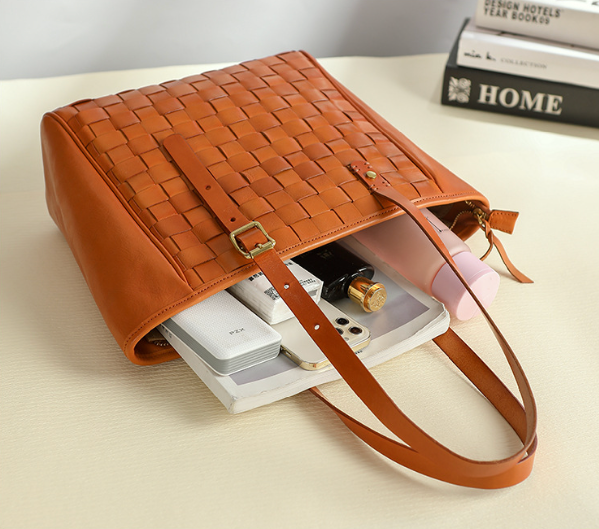 Woven Leather Tote Bag for Women Large Capacity
