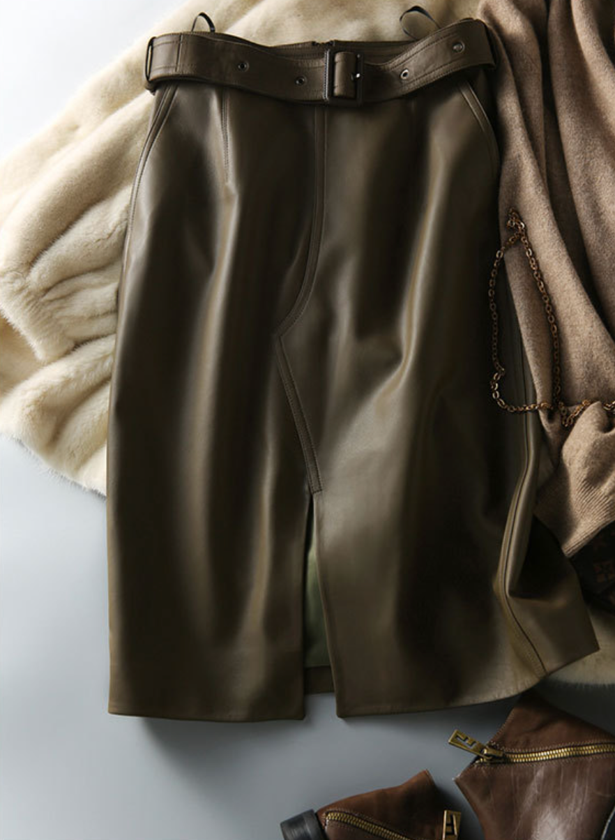 Olive Green Sheepskin Mid Length Leather Skirt with Belt and Slit