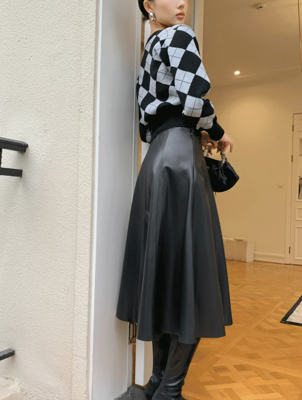 Leather Skirt High Waist Long Pleated Umbrella Hem