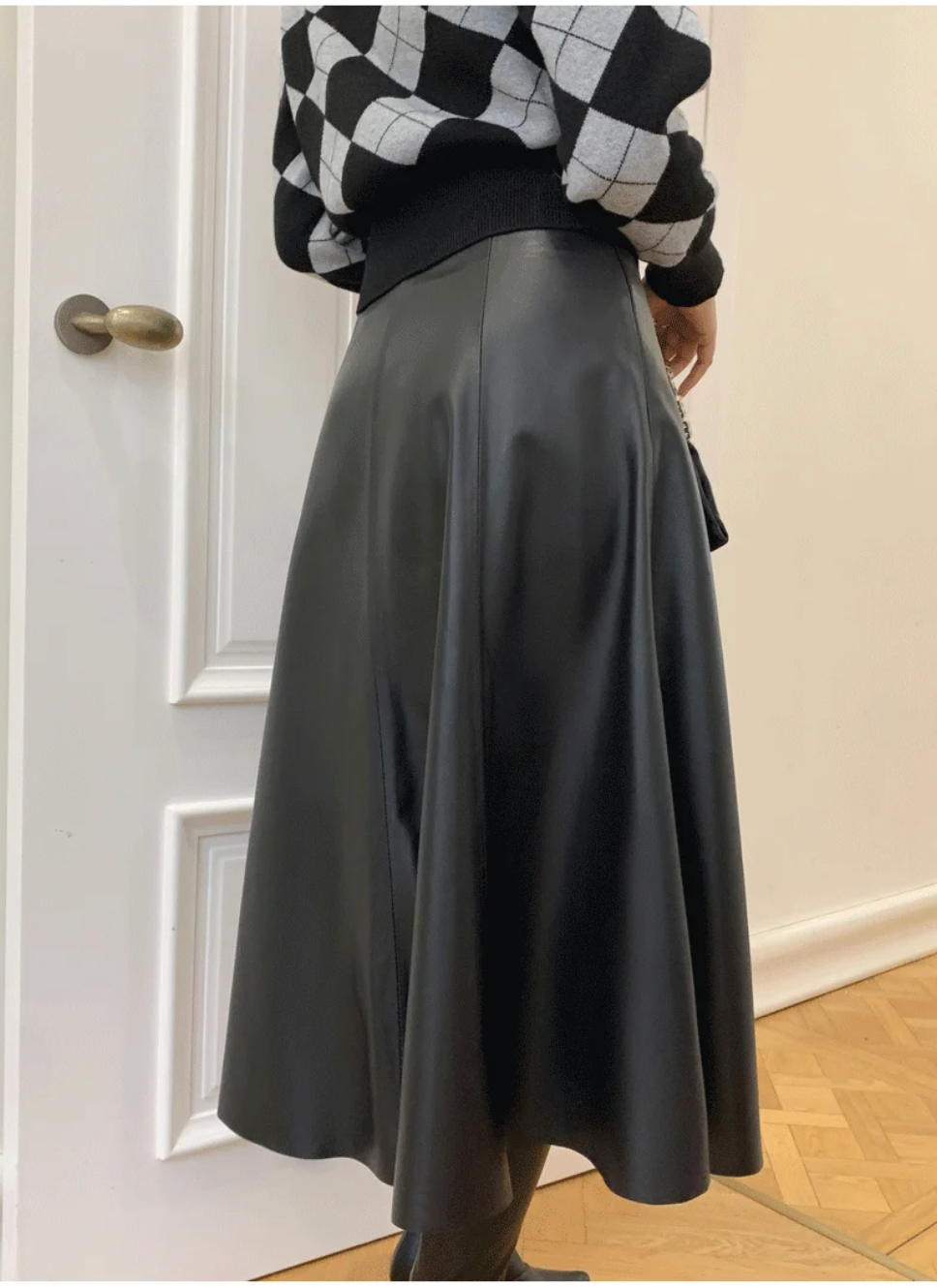 Leather Skirt High Waist Long Pleated Umbrella Hem