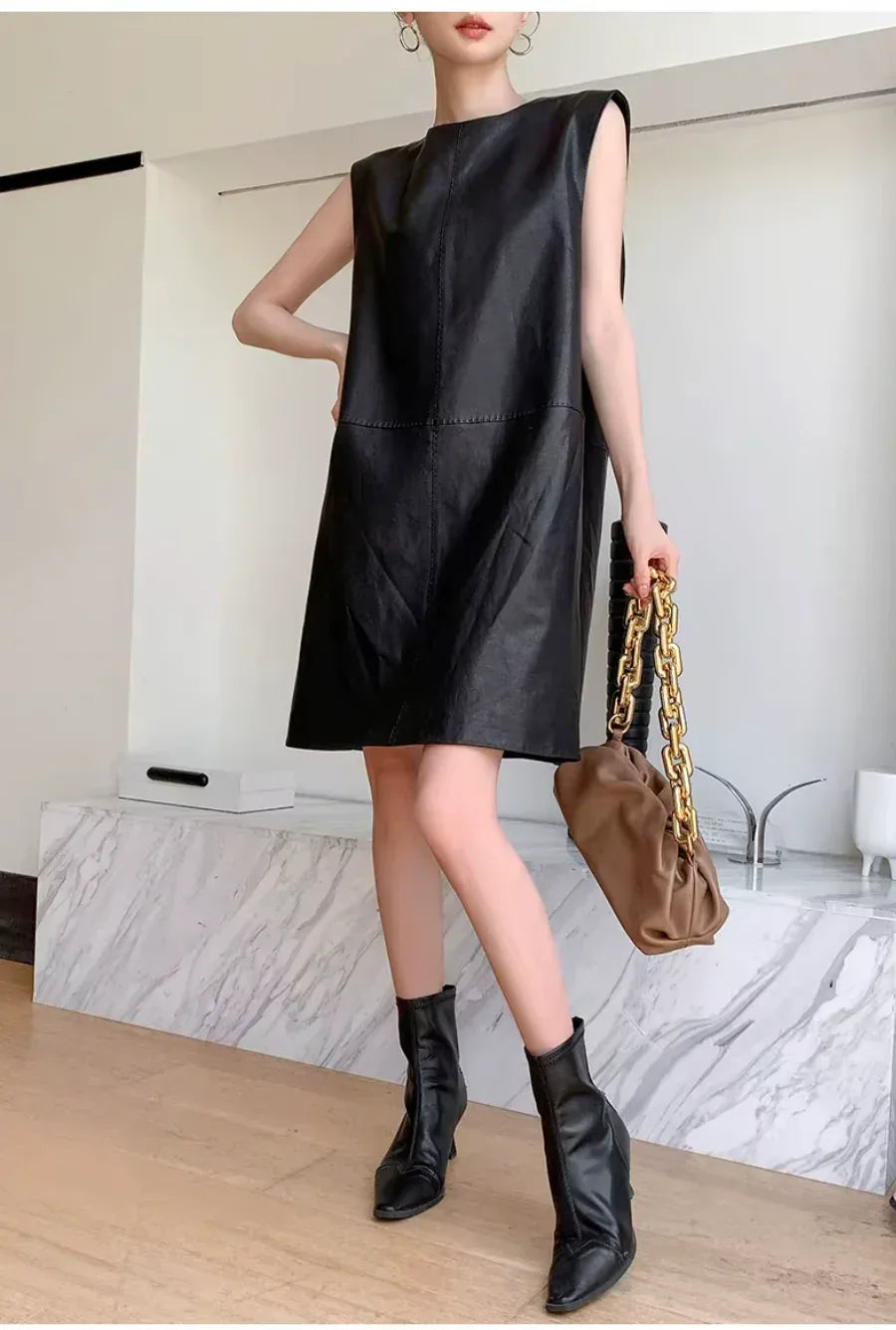 Women Black Genuine Leather Mini Dress Sleeveless Round Neck