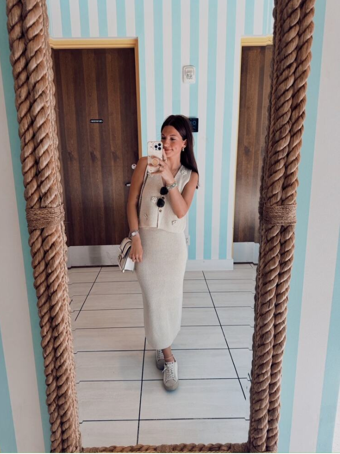 Sleeveless V Neck Button Top with Matching Midi Skirt