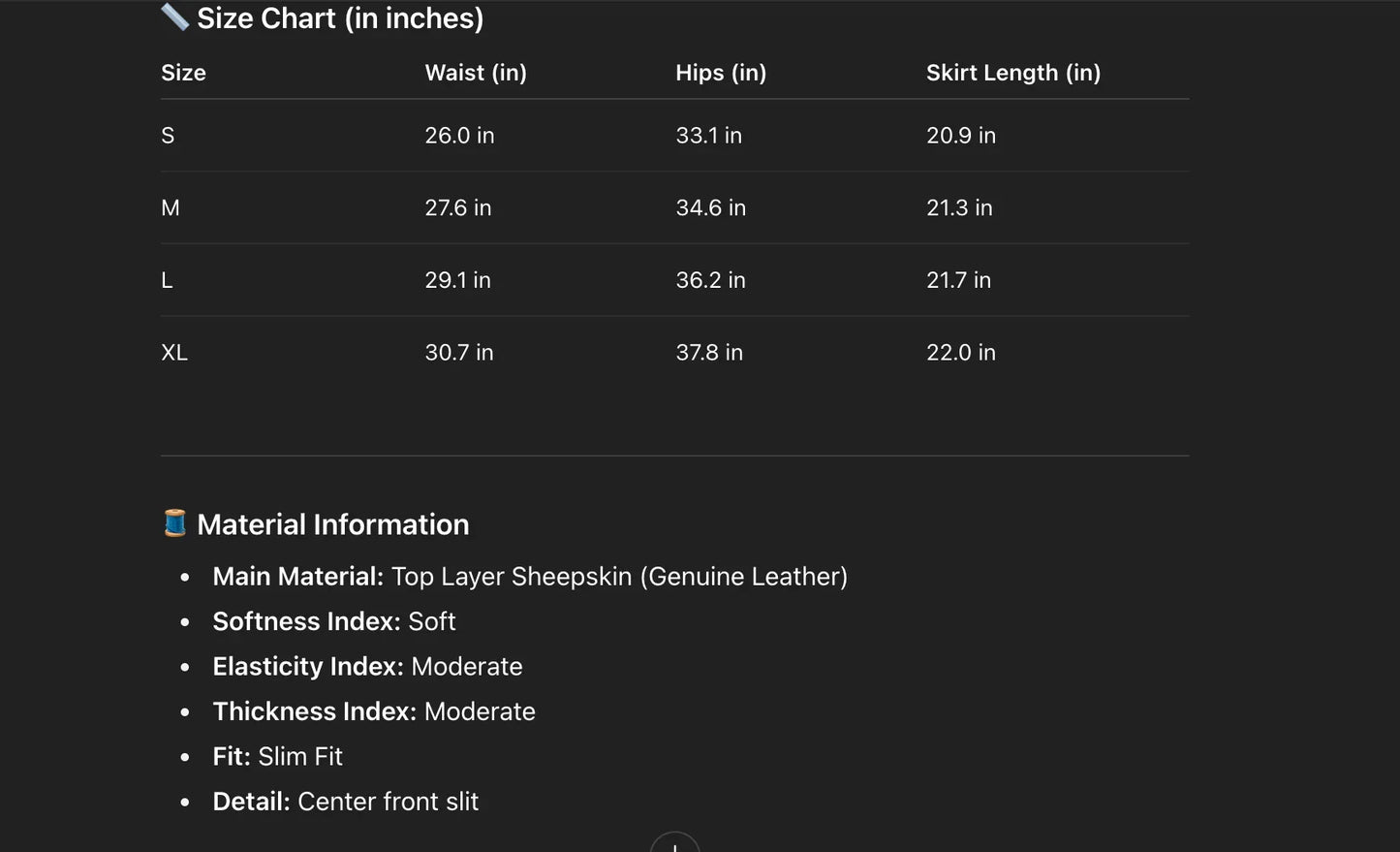 Genuine Leather Front Slit High Waist Knee Length Skirt