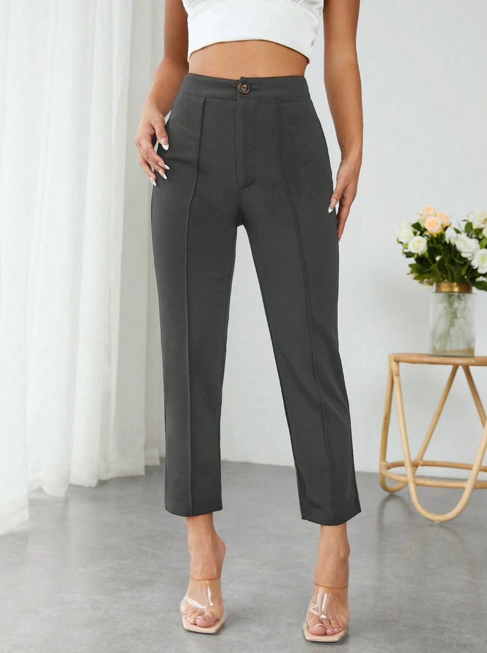 Women High-Waisted Black Trousers Pants