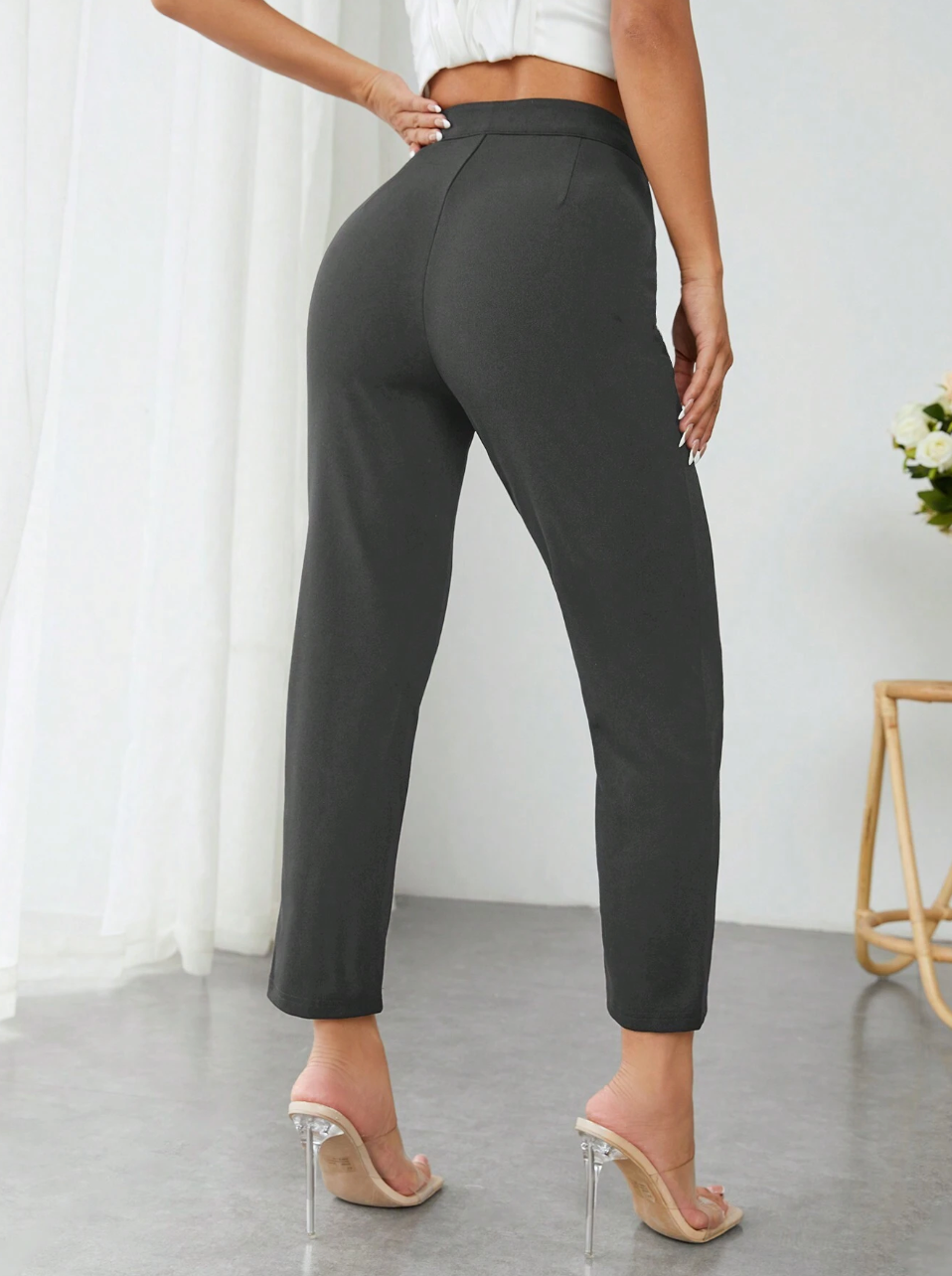 Women High-Waisted Black Trousers Pants