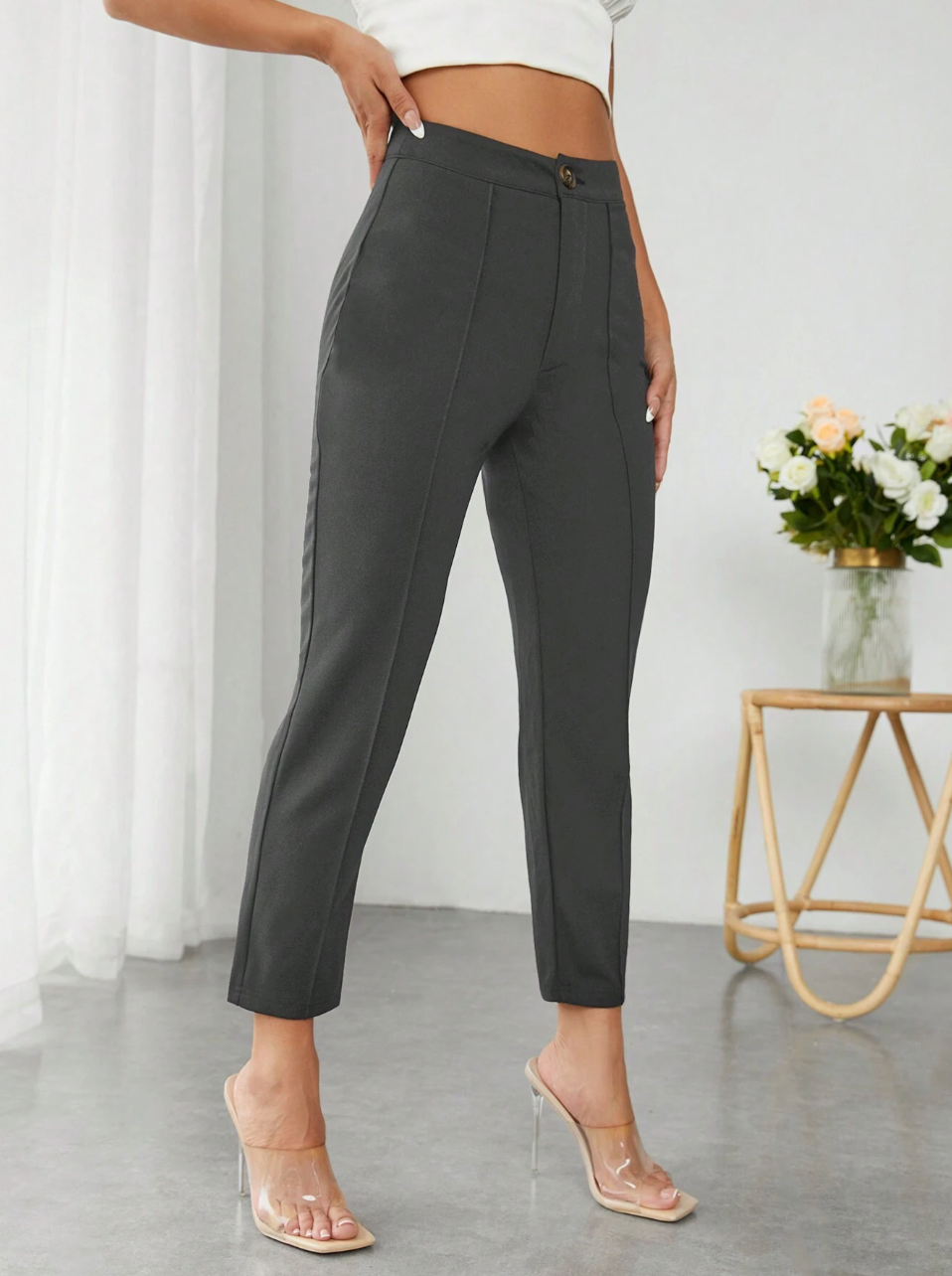 Women High-Waisted Black Trousers Pants
