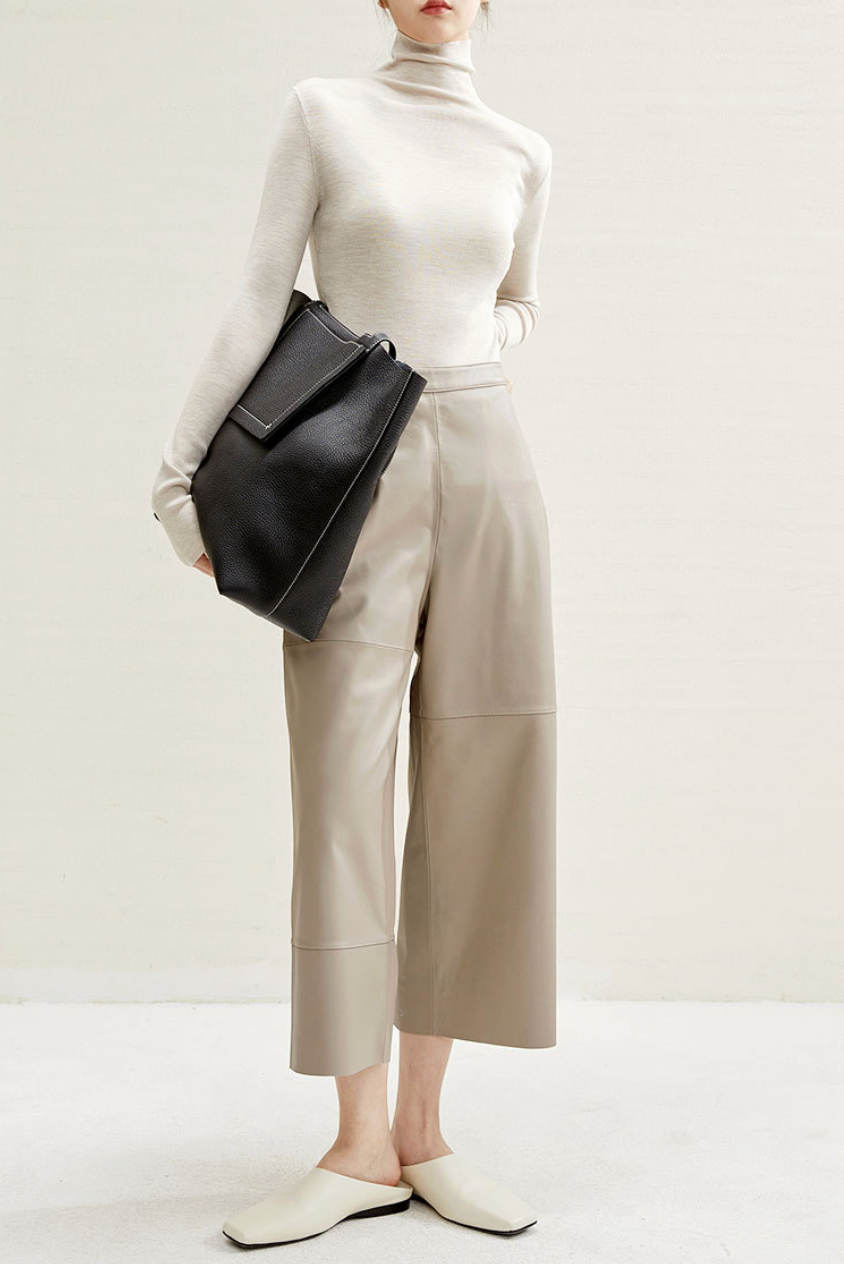 High Rise Leather Elephant Style Pants Straight Leg Midi Culotte