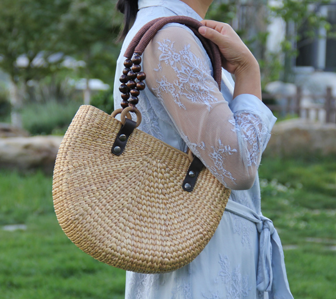 Summer Straw Woven Handbag for Women Half Moon Purse
