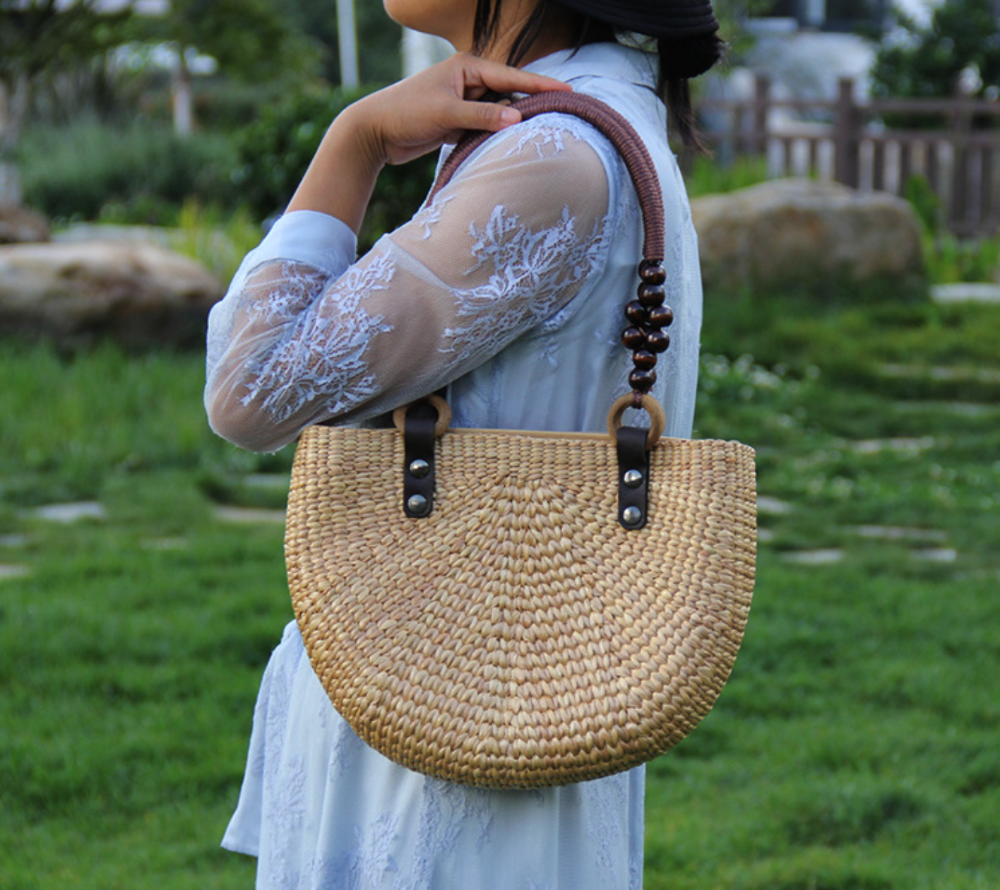 Summer Straw Woven Handbag for Women Half Moon Purse