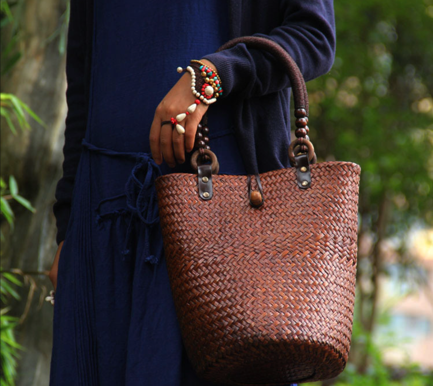Straw Rattan Bucket Bag with Wooden Bead Handles