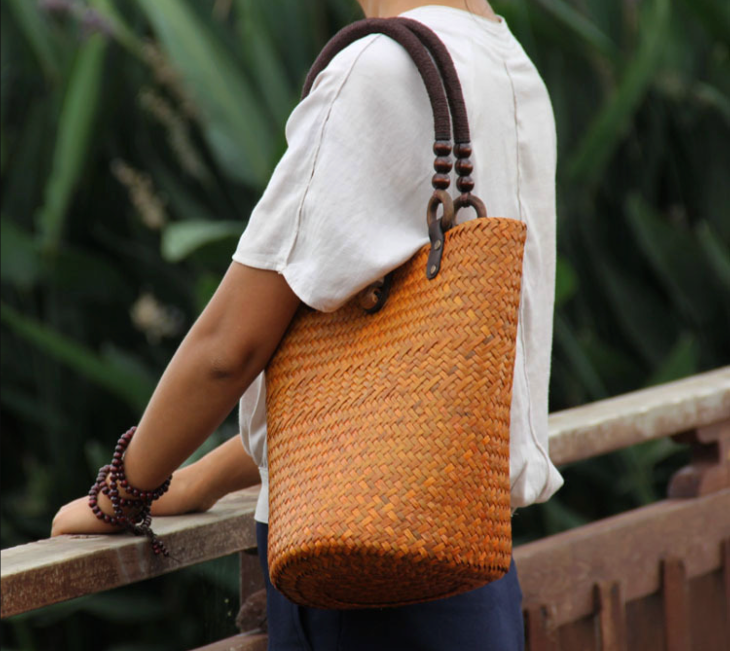 Straw Rattan Bucket Bag with Wooden Bead Handles