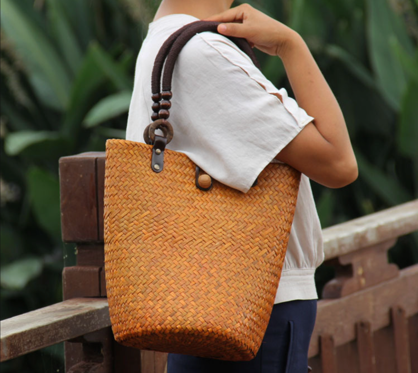 Straw Rattan Bucket Bag with Wooden Bead Handles