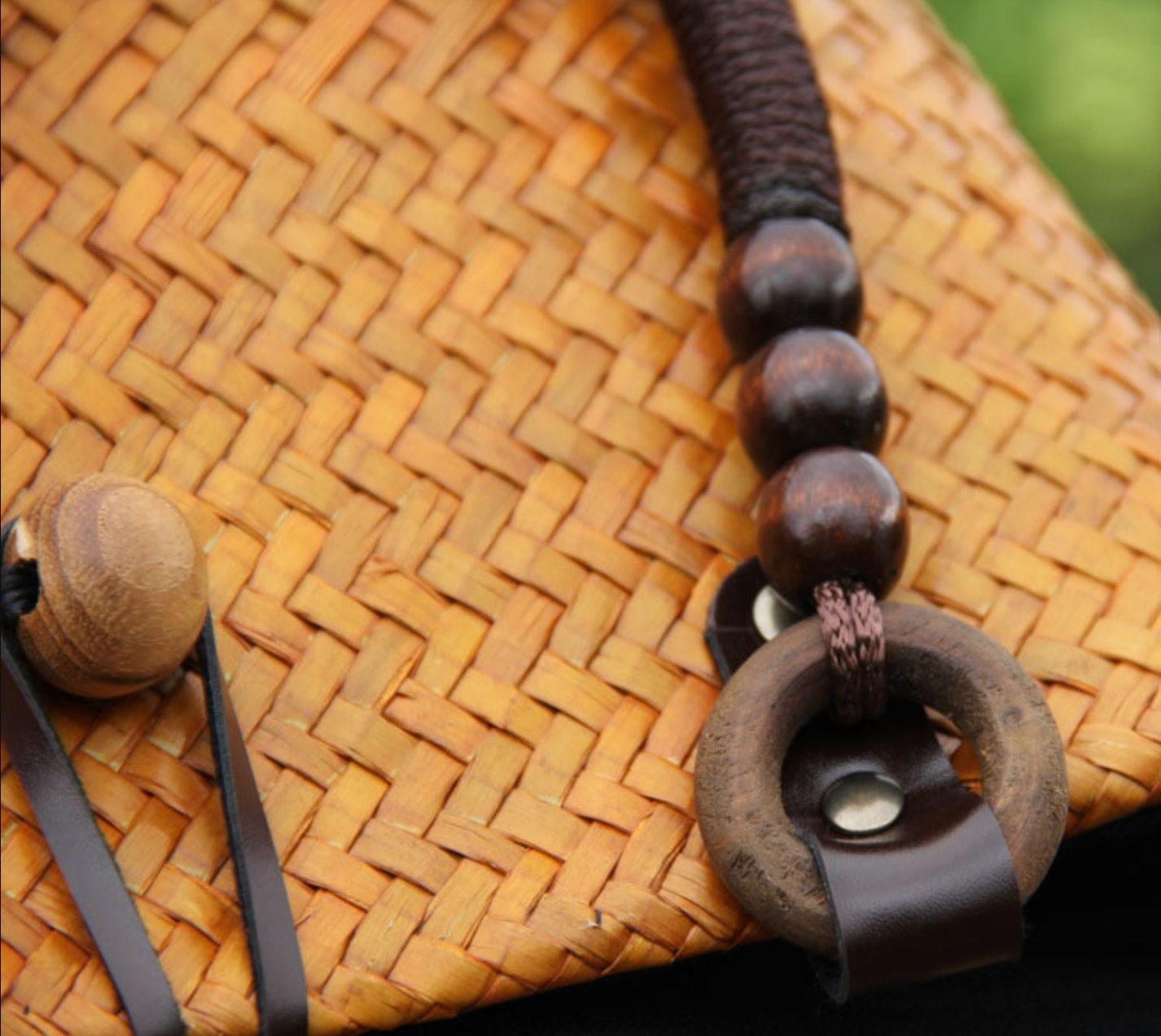 Straw Rattan Bucket Bag with Wooden Bead Handles