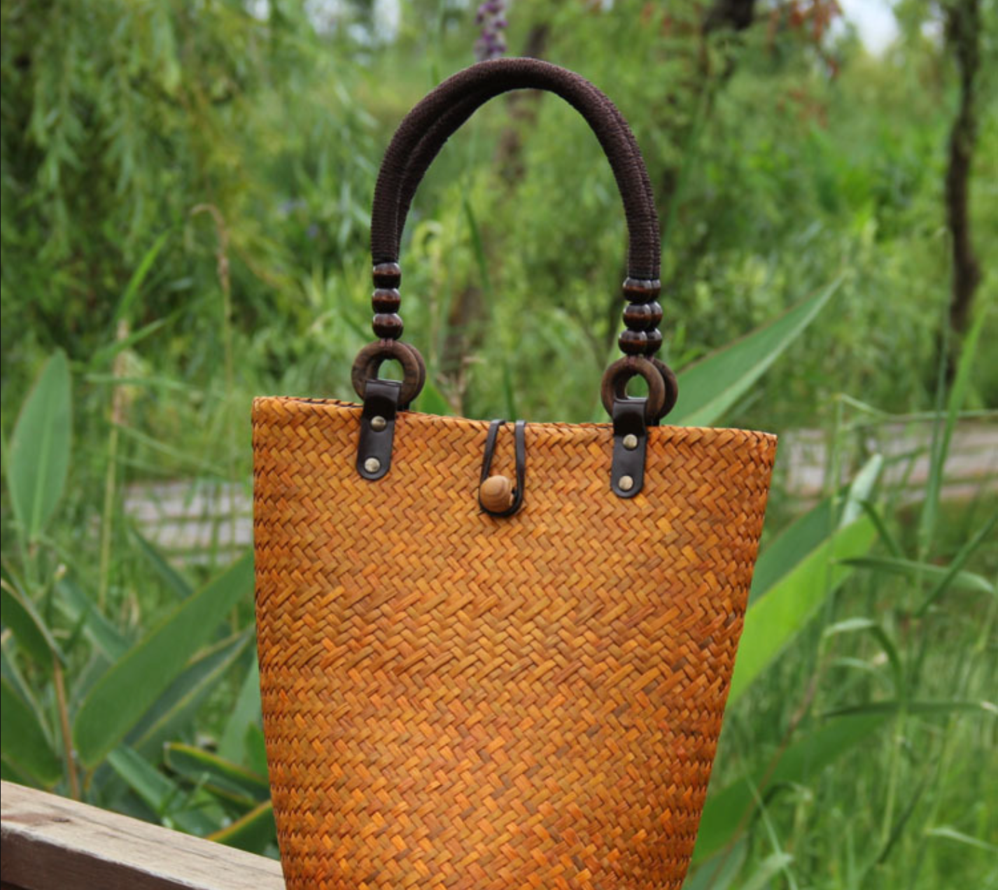 Straw Rattan Bucket Bag with Wooden Bead Handles