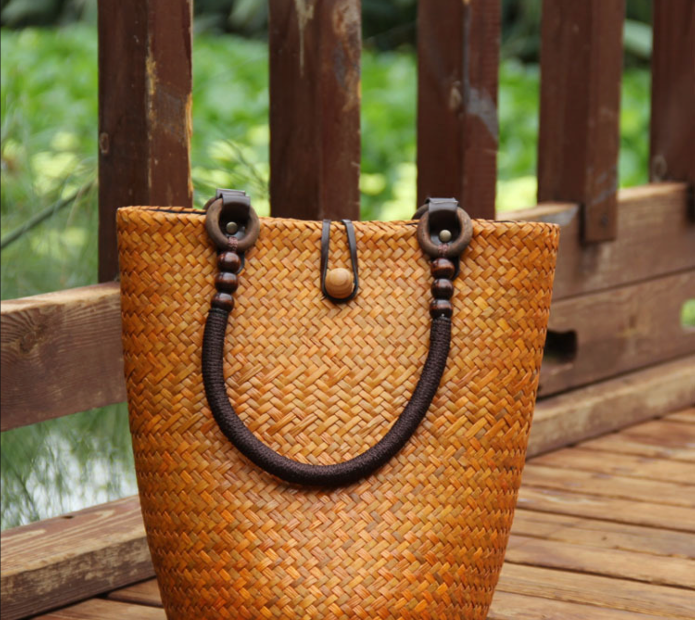 Straw Rattan Bucket Bag with Wooden Bead Handles
