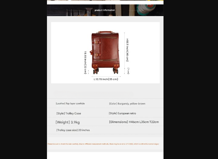 Leather Trolley Suitcase Large Capacity 20 Inch Rolling Luggage