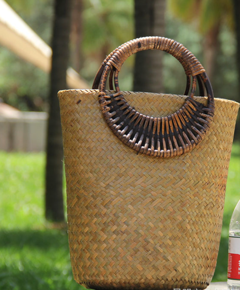 Women’s Rattan Straw Beach Bag with Round Handles