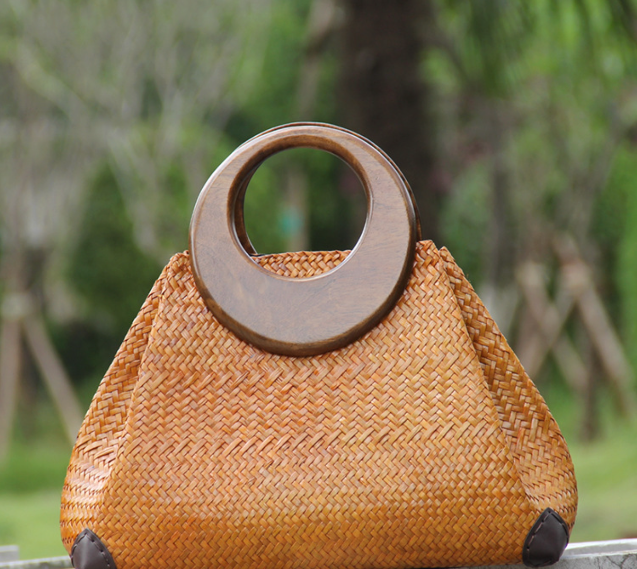 Women’s Woven Rattan Straw Handbag with Wooden Handle