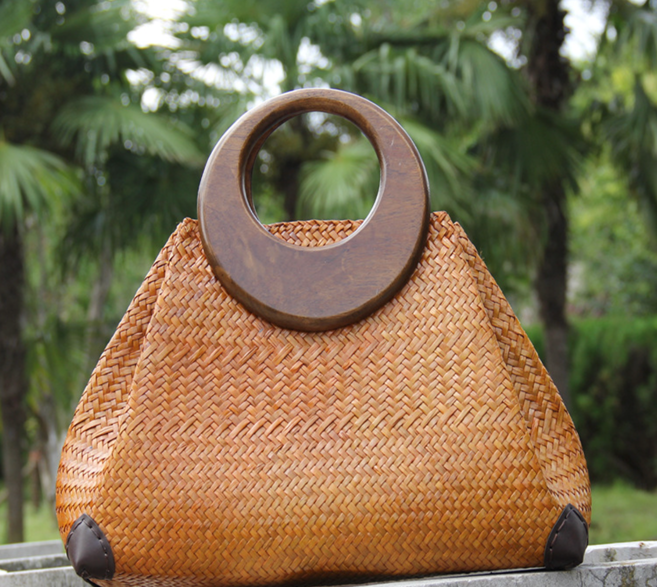 Women’s Woven Rattan Straw Handbag with Wooden Handle