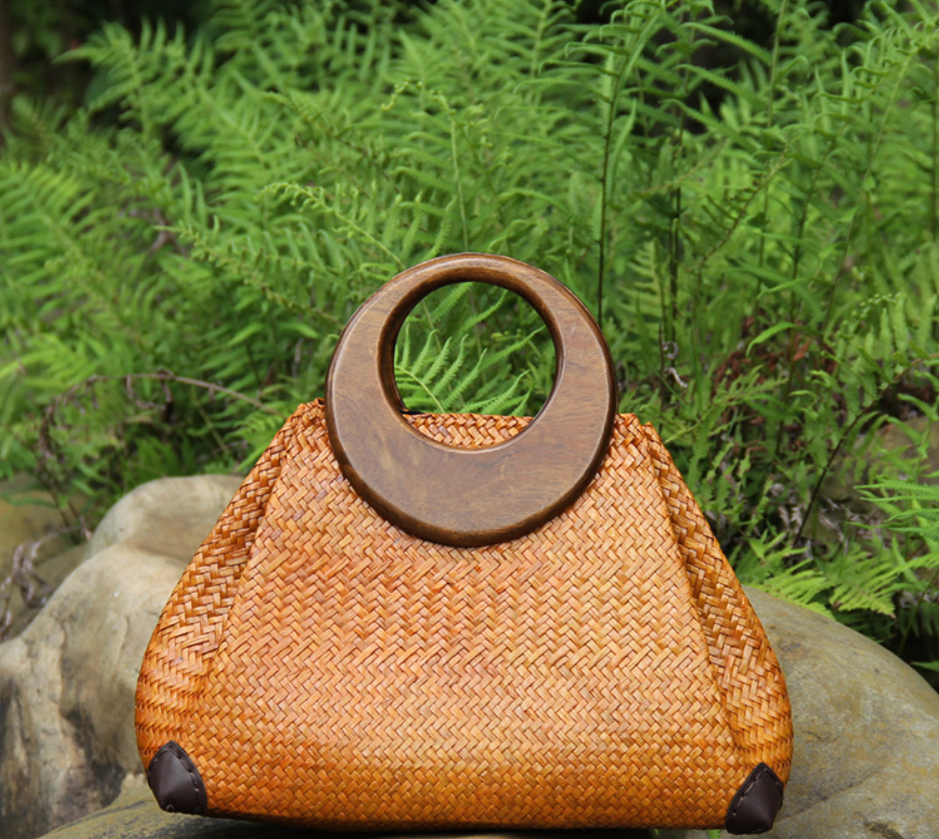 Women’s Woven Rattan Straw Handbag with Wooden Handle