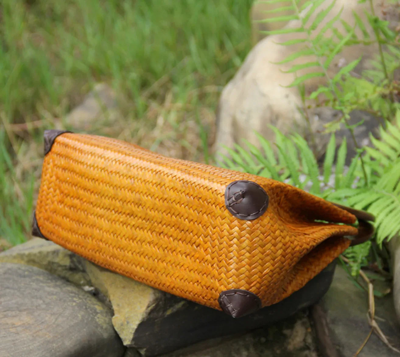 Women’s Woven Rattan Straw Handbag with Wooden Handle