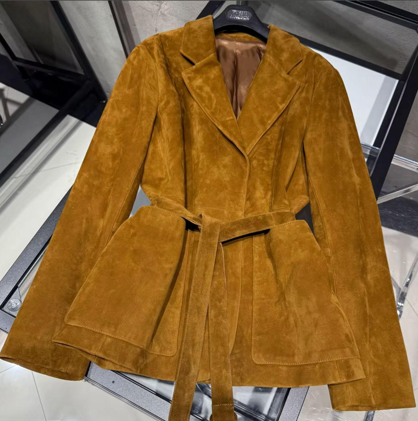 Women Genuine Suede Belted Trench Coat with Front Pockets