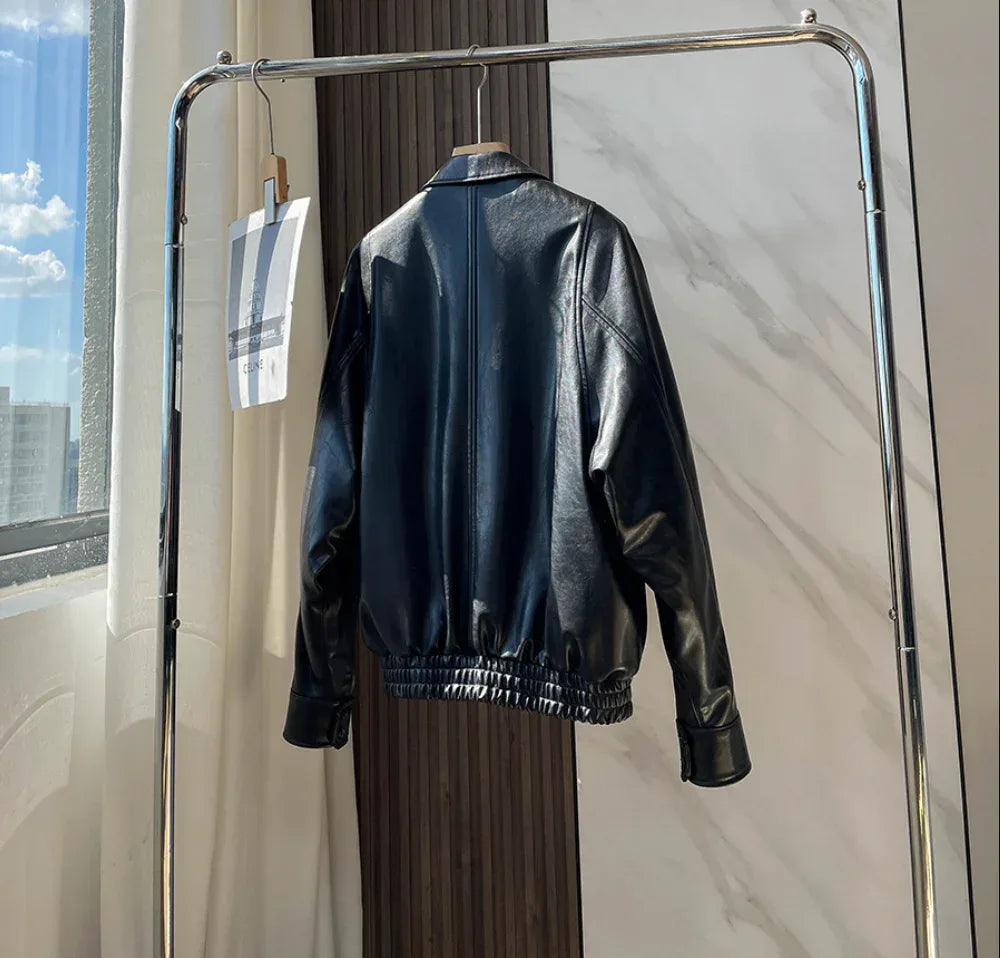 Women Oil-Waxed Oversized Genuine Sheepskin Leather Jacket