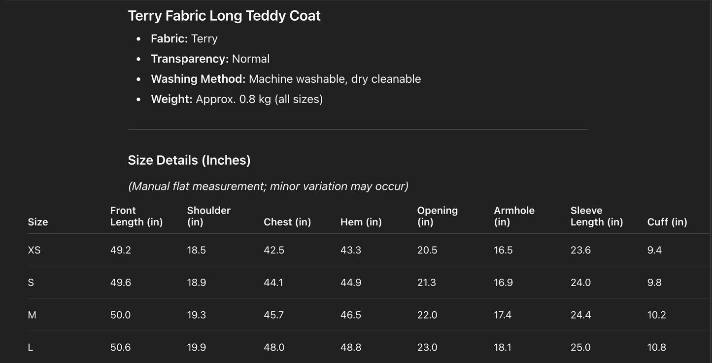 Terry fabric long teddy coat