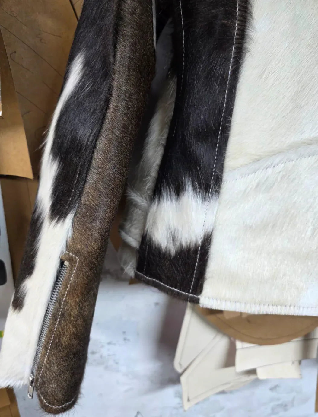 Women Cowhide Jacket Speckled Black White