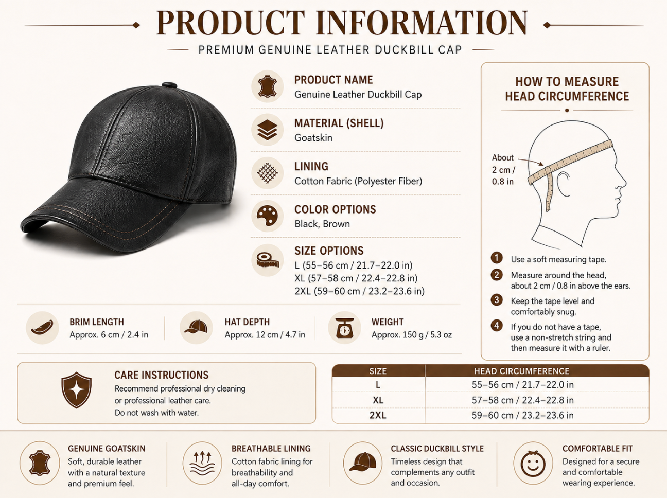 Genuine Leather Duckbill Cap for Men and Women