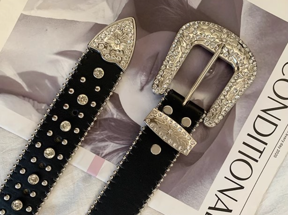 Women’s Black Rhinestone Western Belt with Cross Studs